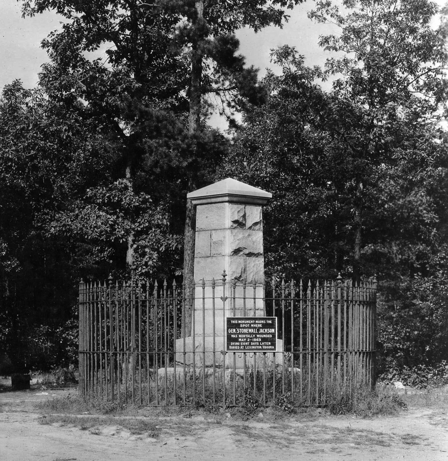 Monument marking the spot where Jackson was mortally wounded at Chancellorsville, May 2, 1863.