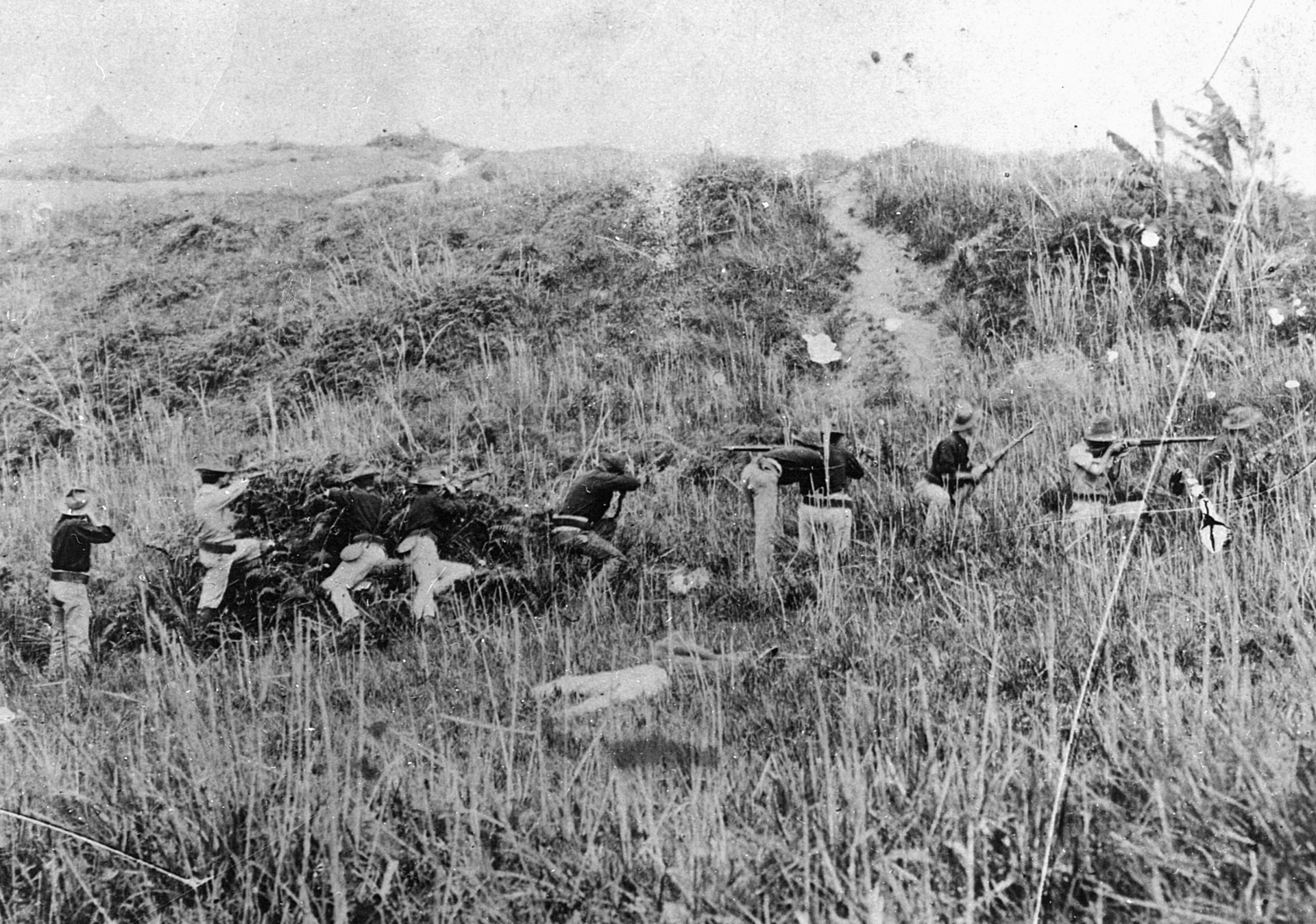 U.S. Marines take on insurgents in the Philippine Islands during 1901.