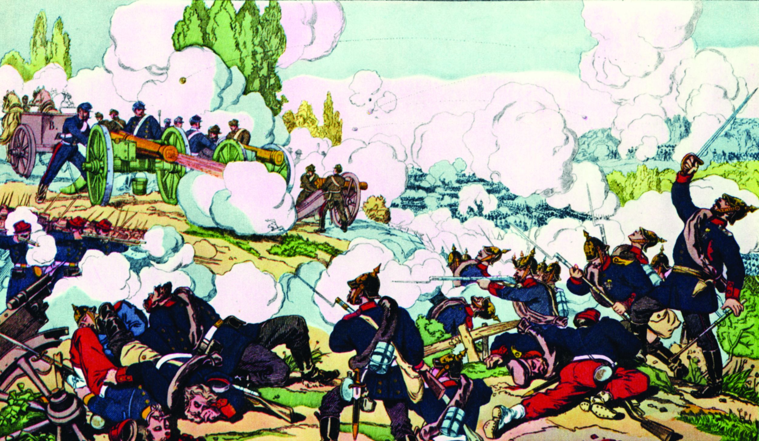 Prussians attack French artillery at the battle of Gravelotte Saint-Privat during the Franco Prussian War of 1870. Following the capture of Napoleon III at Sedan and the bombardment of Paris, the French empire fell to King Wilhelm’s Prussians. 