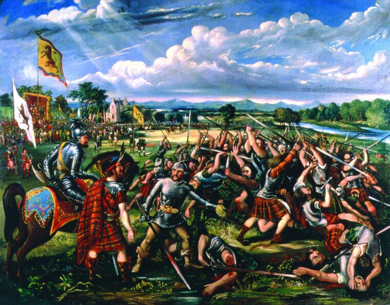 Champions from the long- feuding Clan Chattan and Clan Cameron resolve their differences the Scottish way during the Battle of the Clans at North Inch in 1396.