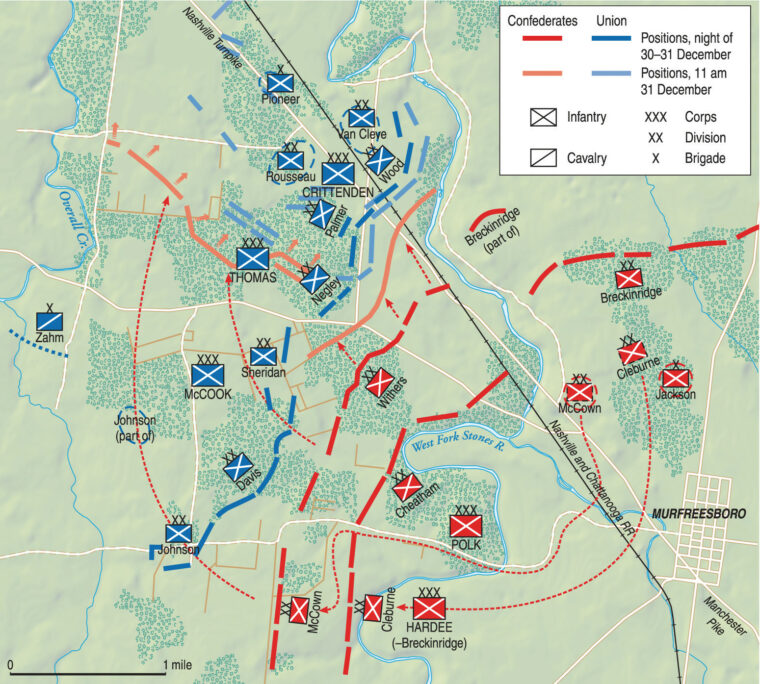 The Nashville-Murfreesboro turnpike formed the north-south axis of the battlefield at Stones River. Confederate General Braxton Bragg intended to strike the Union right, then wheel sharply to the right and drive the Federals into the river.