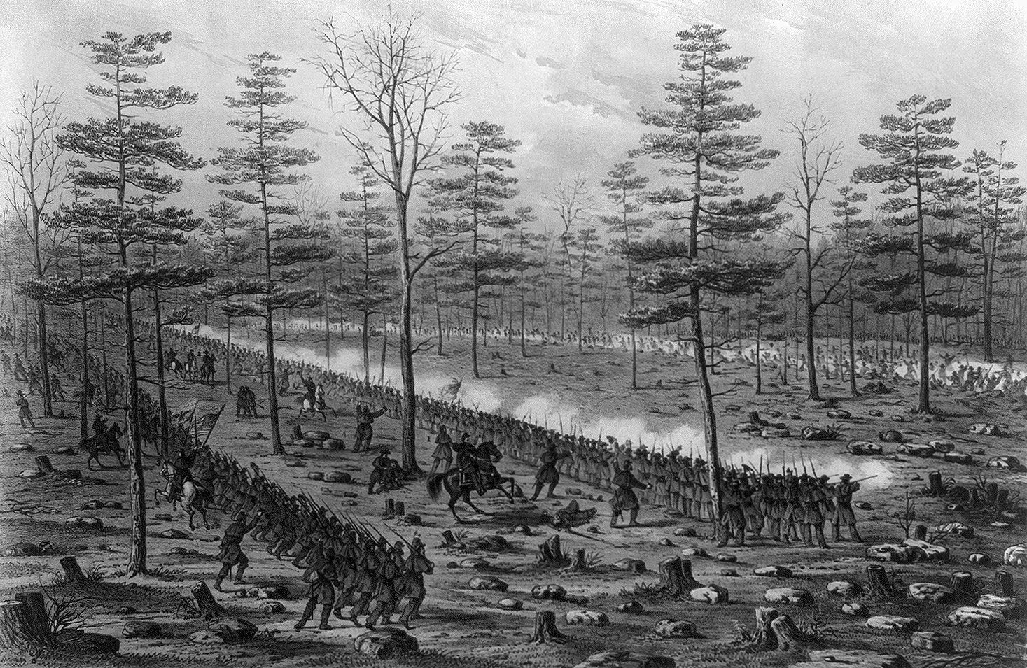 Brigadier General Samuel Beatty’s Union brigade sweeps through the denuded forest at Stones River.