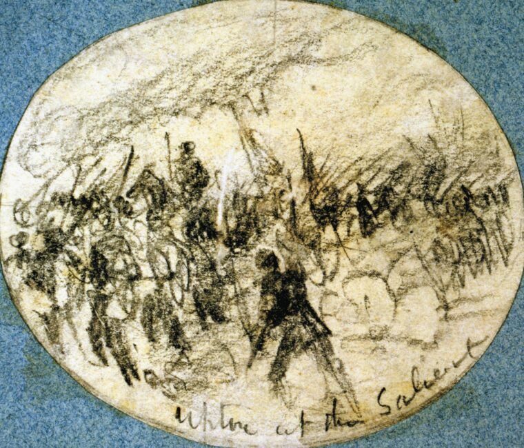 Colonel Emory Upton personally leads his men forward in this sketch by noted Civil War artist Alfred Waud.