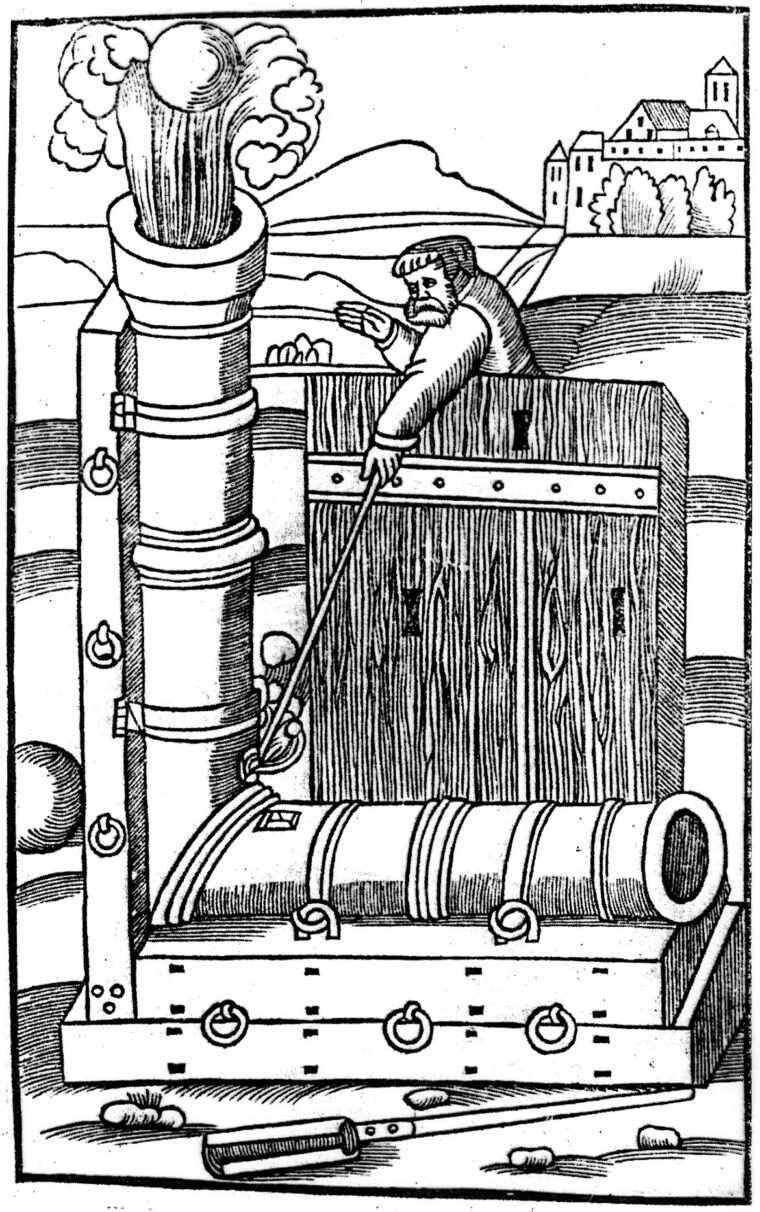 An improbable right-angle mortar-cannon combination is depicted in this 1532 woodcut.