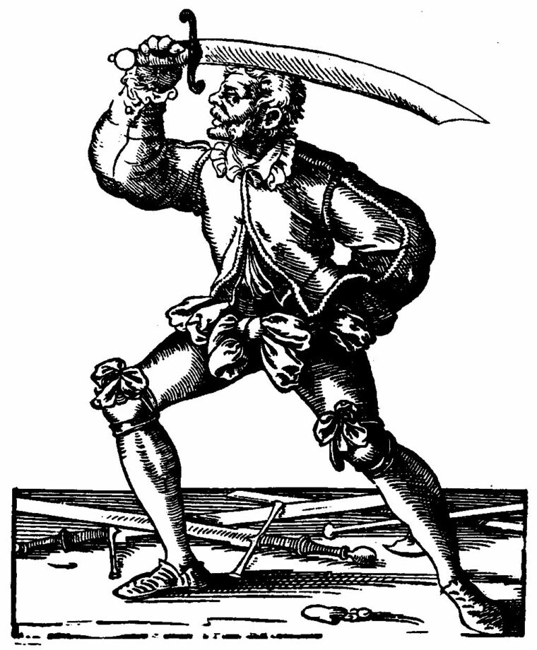 A German soldier practices swordplay with a falchion. At his feet is a pair of two-handed swords.
