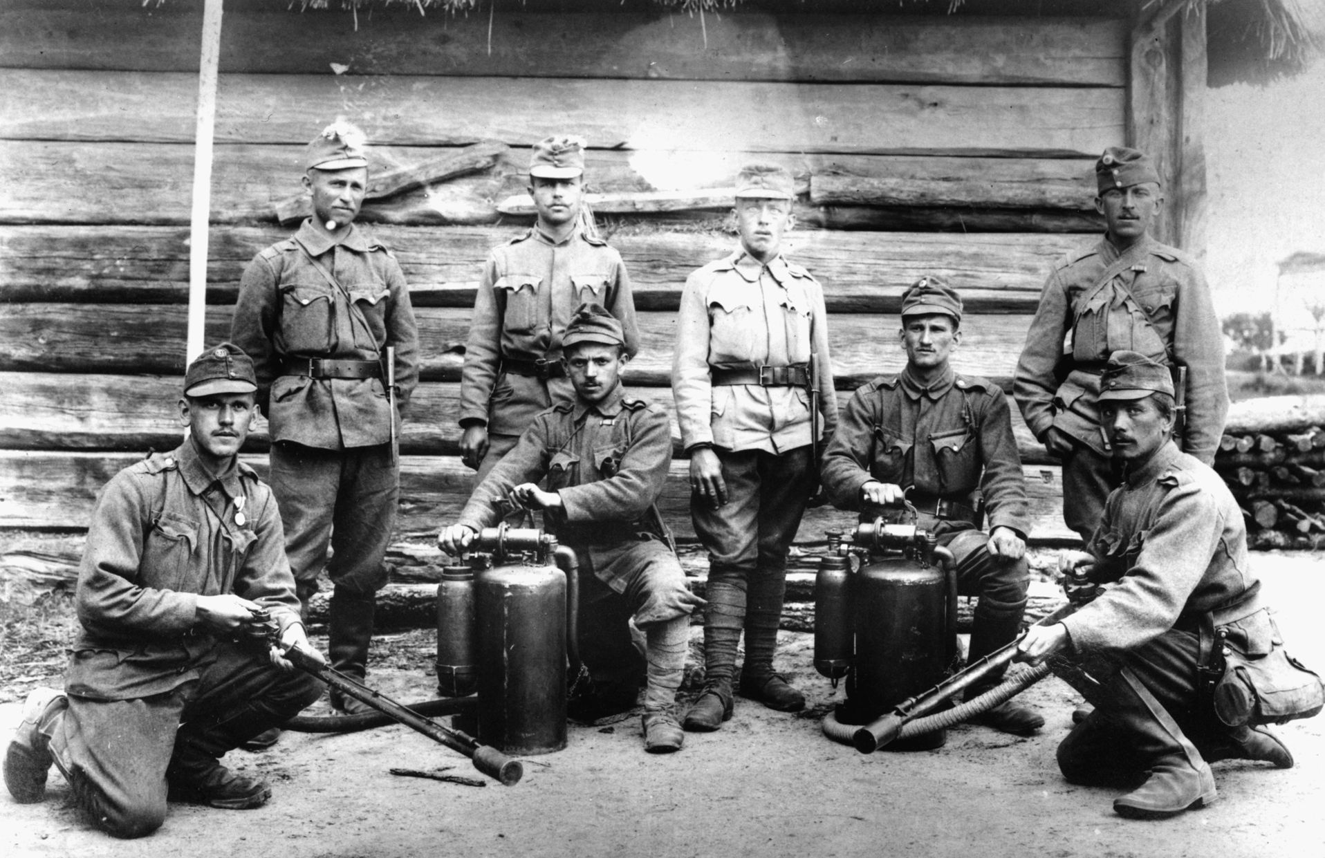 A German flamethrower crew with fuel tanks and equipment.