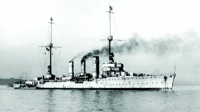 German cruiser SMS Konigsberg, displacing 3,400 tons, sailed from Germany for Africa in April 1914, just before the outbreak of World War I.