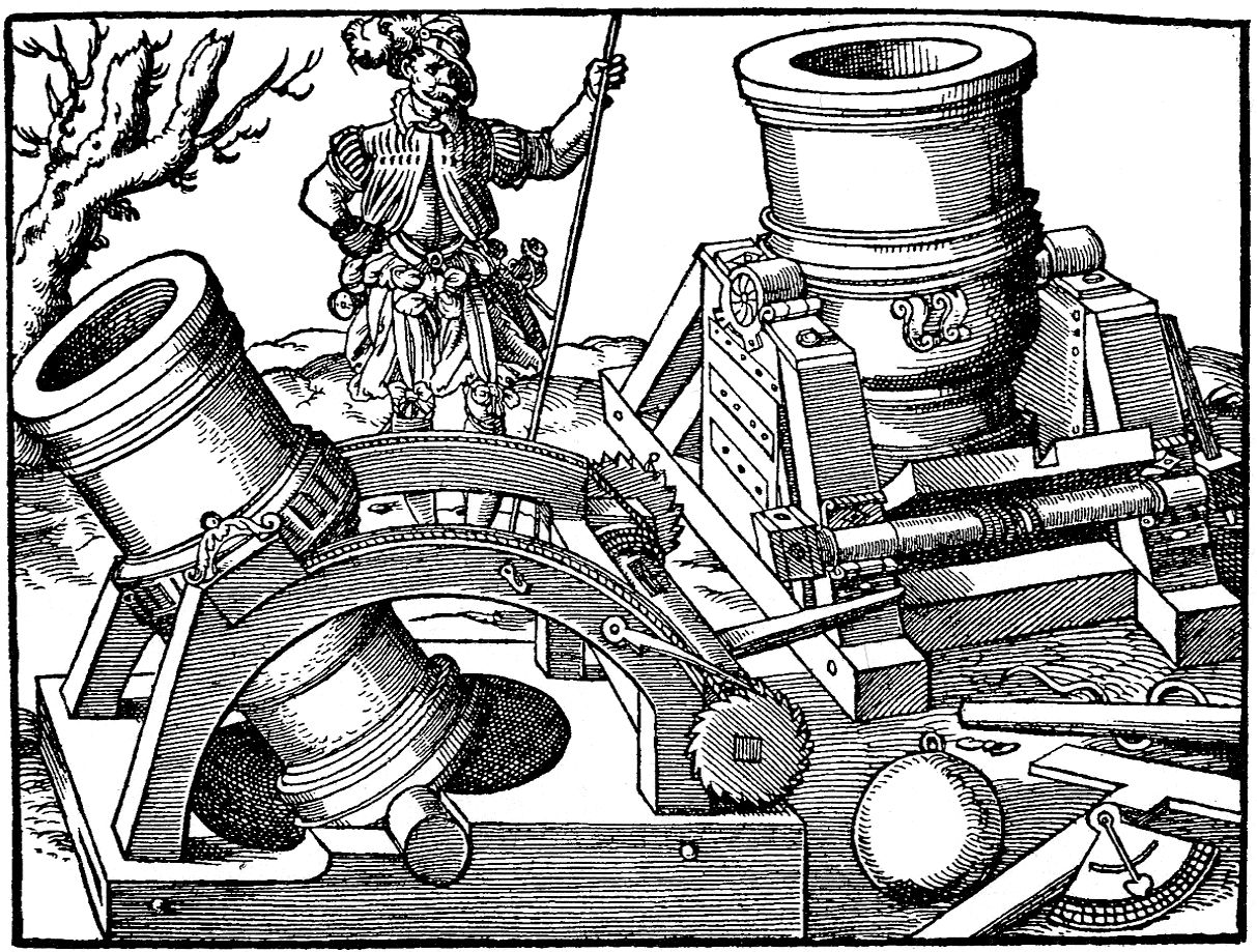 A 16th-century woodcut of two giant bronze mortars. The T-square and quadrant at the lower right were used for measuring the angle of elevation.