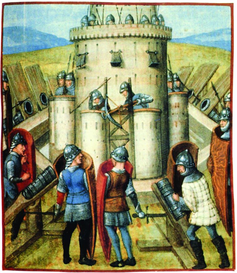 Assault on a 15th- century castle. The besiegers have bombards, an early form of cannon, greatly improving their odds of success.