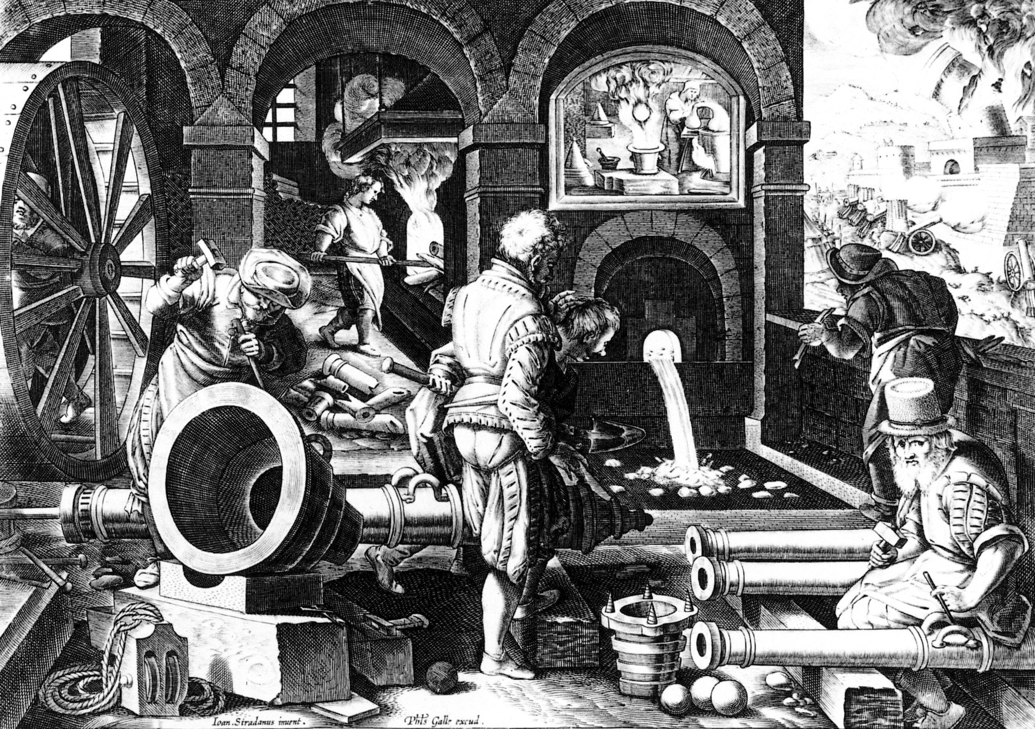 A 16th-century engraving of a cannon foundry, with molten lead pouring from the furnace. 