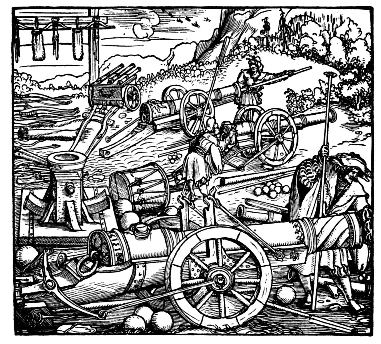 Landsknechts service their massive artillery in this 16th century German woodcut. Gunpowder for the cannons was in short supply, as was also compensation for the mercenaries.