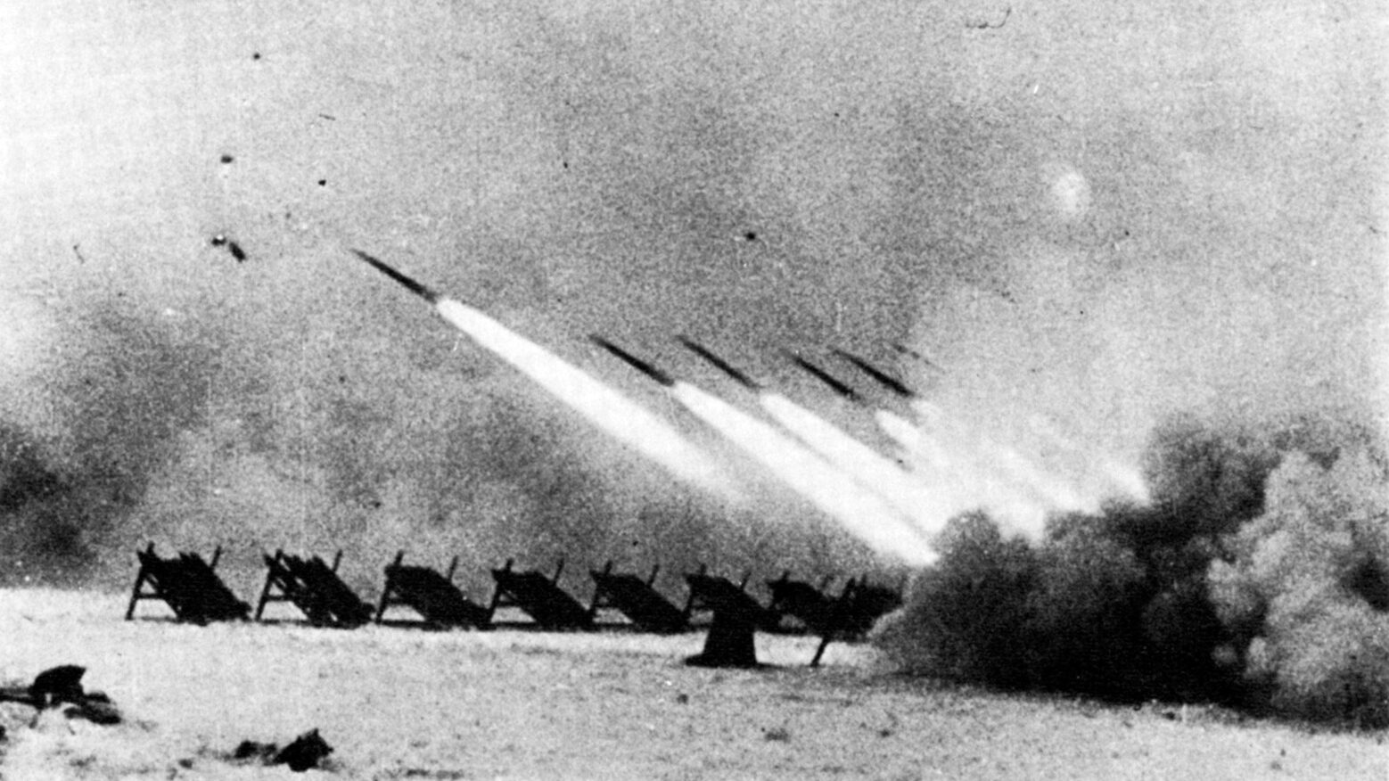 Soviet Katyusha rockets lift off in waves and speed toward their targets among the German defenses at Stalingrad. After months of relentless pounding, the Germans capitulated and over 300,000 prisoners were taken.