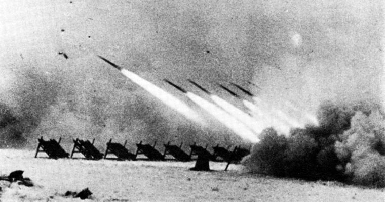 Soviet Katyusha rockets lift off in waves and speed toward their targets among the German defenses at Stalingrad. After months of relentless pounding, the Germans capitulated and over 300,000 prisoners were taken.