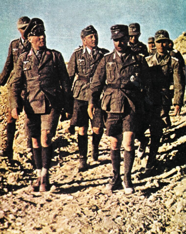 German General Erwin Rommel, the famed “Desert Fox,” tours the front line with his staff.