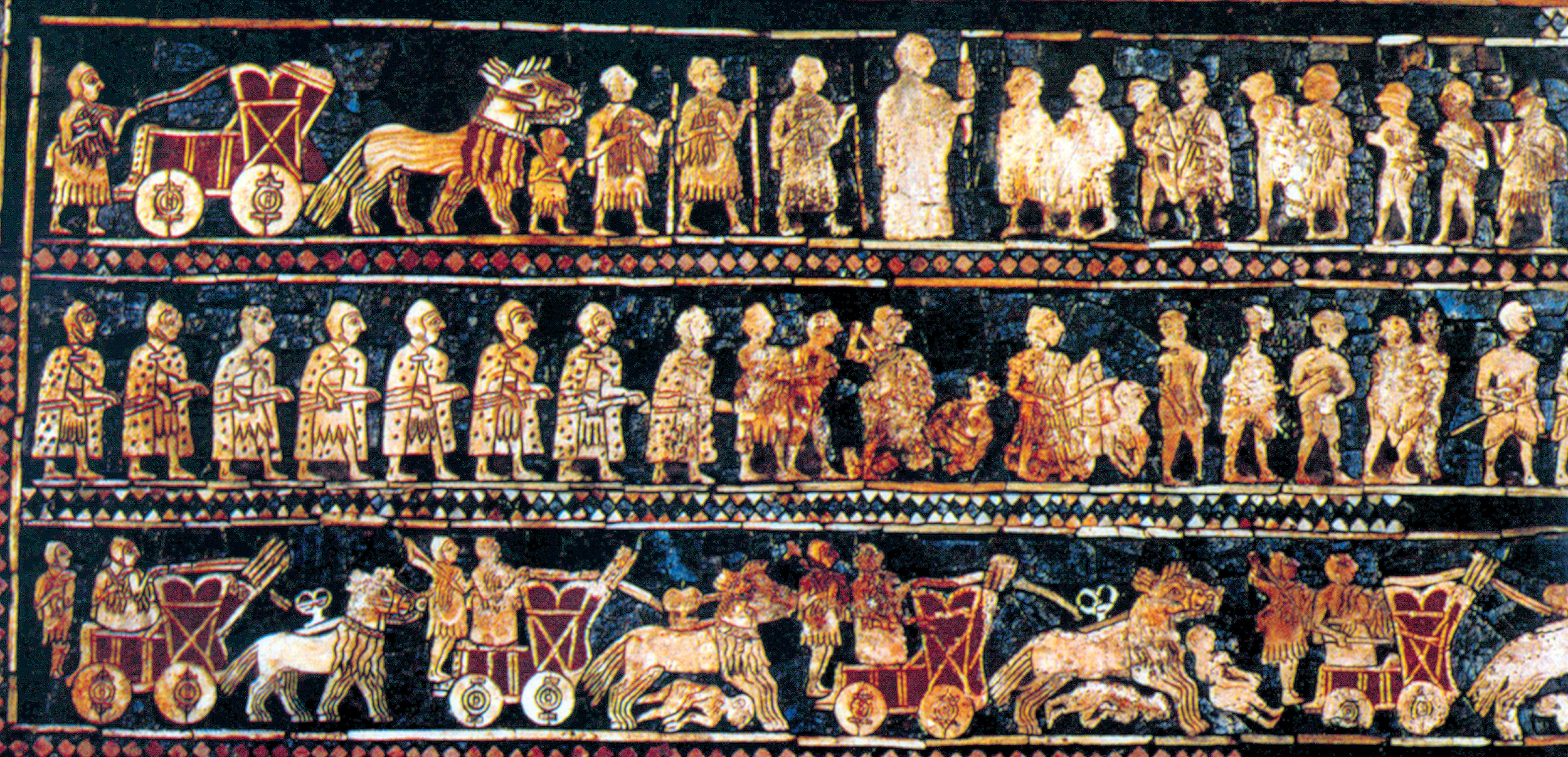 Soldiers with short spears, chariots riding over enemies and more move across this 2400 bc mosaic from Ur.