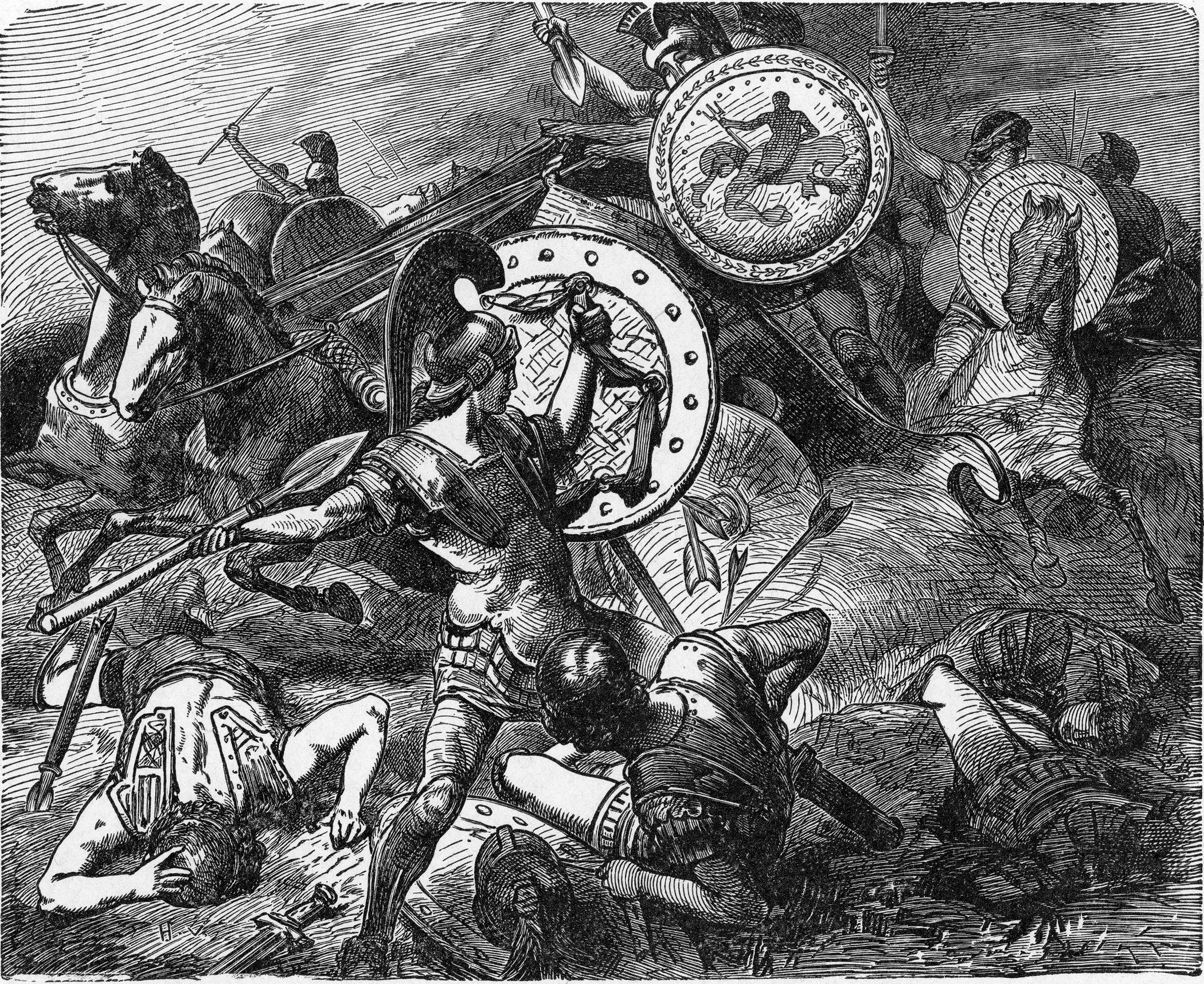 Theban general Epaminondas saves the life of fellow general Pelopidas during the victory over the Spartans at Leuctra in 371 bc.