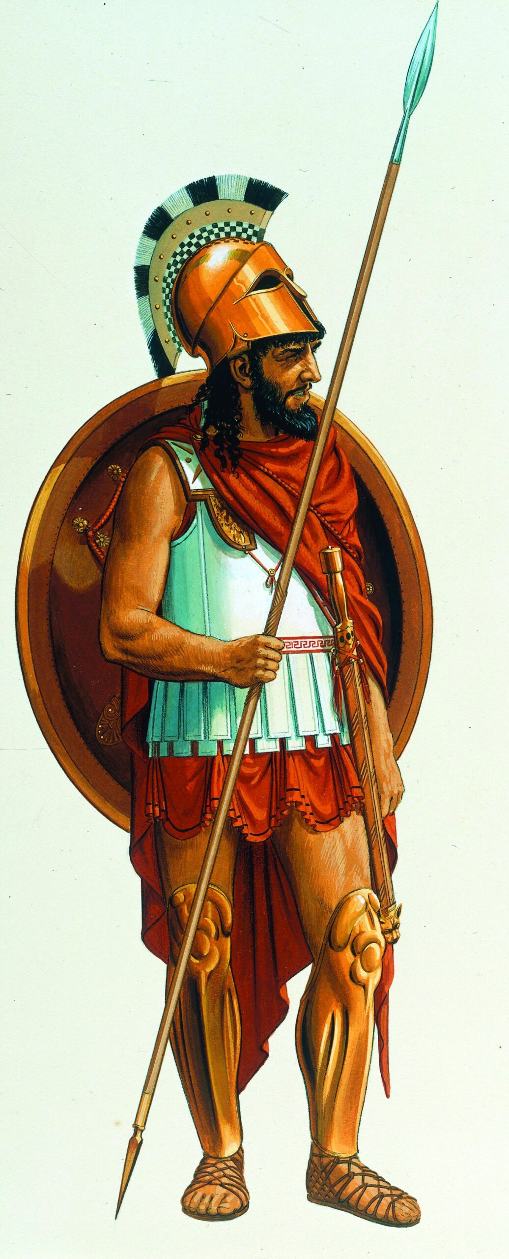 A fully armored Spartan hoplite wears a Corinthian helmet and sports greaves, spear, sword, and shield in this watercolor by Peter Connolly.