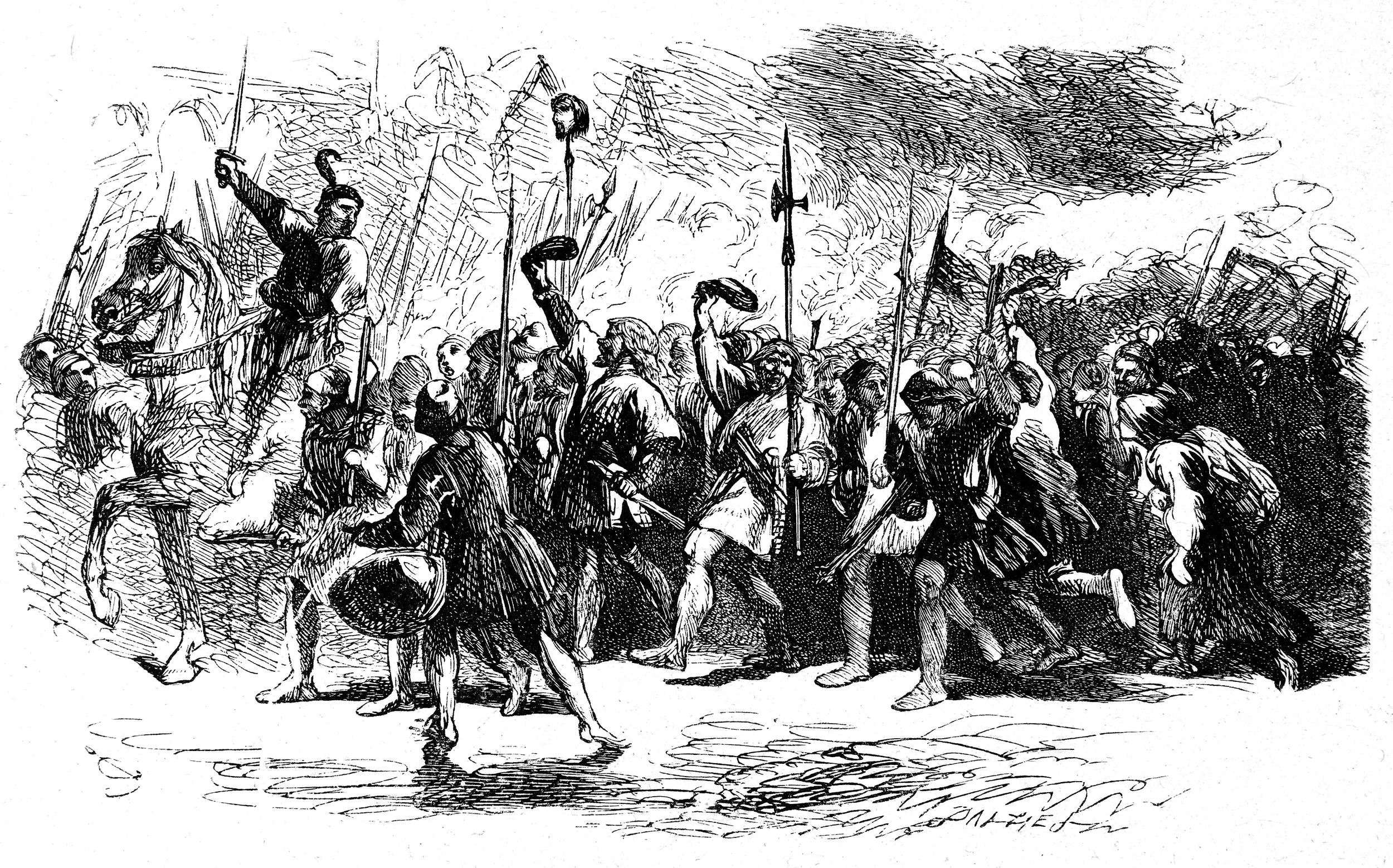 Buckingham and Clifford lead Lancastrian forces in this illustration by Sir John Gilbert for Shakespeare’s Henry VI, Part II.
