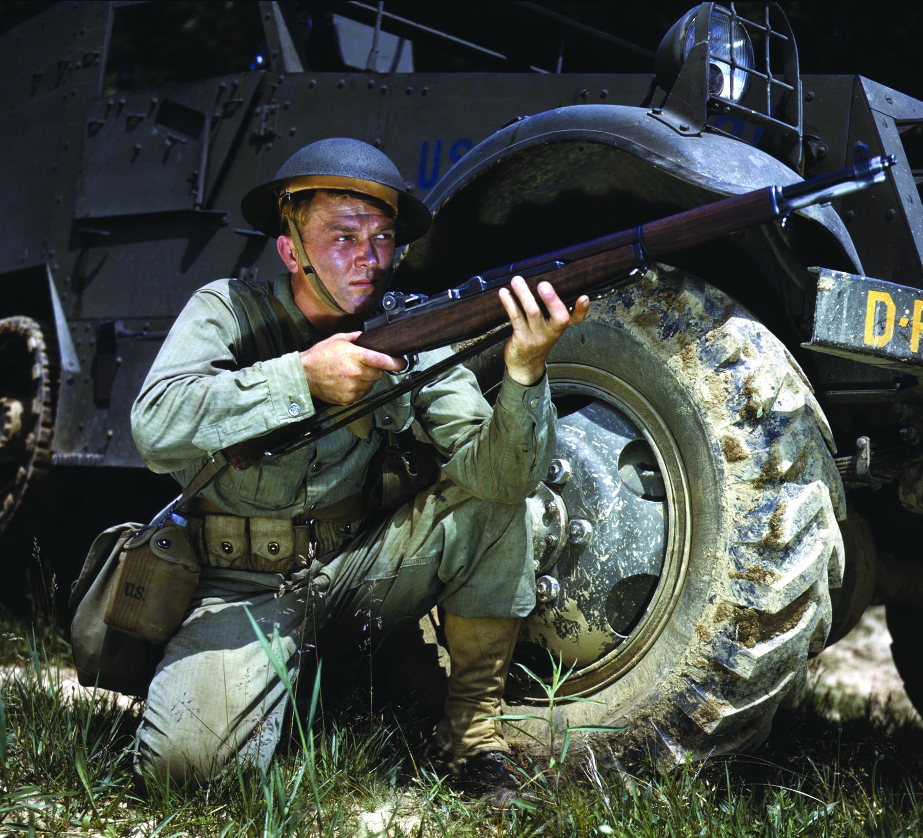 A U.S. soldier wears a  World War I-era Brodie helmet during exercises at Fort Knox, Kentucky, in June 1942.