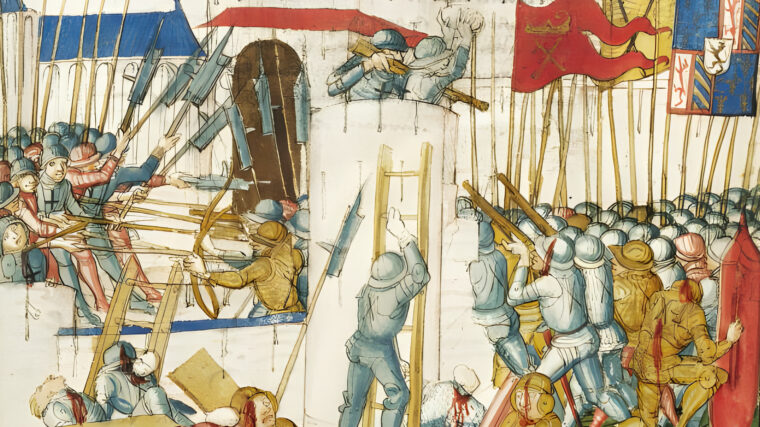 The Burgundian army under Charles the Bold storms the Swiss garrison at Grandson in February 1476. Only two defenders survived the fight and the slaughter of prisoners that followed.