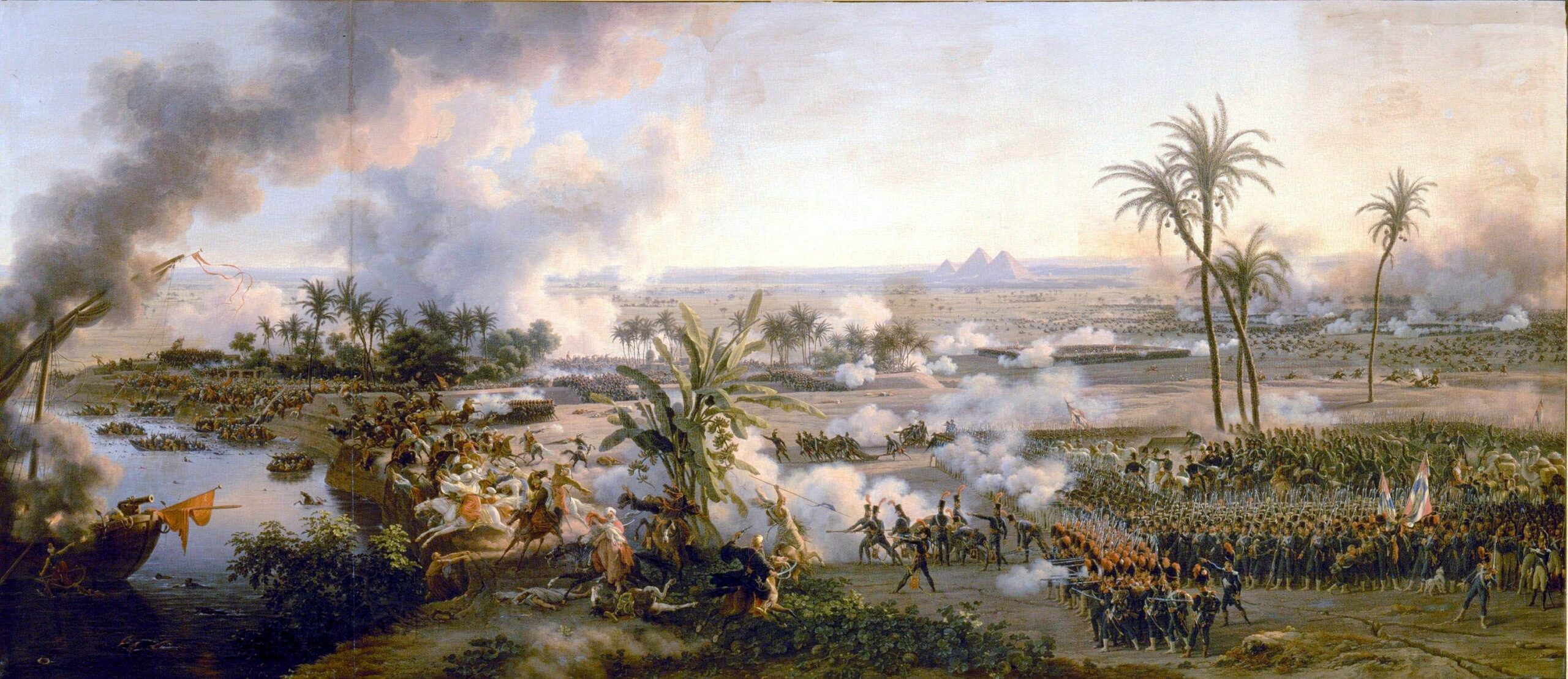 Mamelukes attempt to cross the Nile River under heavy fire from the advancing French at the Battle of the Pyramids.  Most did not make it.  The Great Pyramids can be seen in the distance.