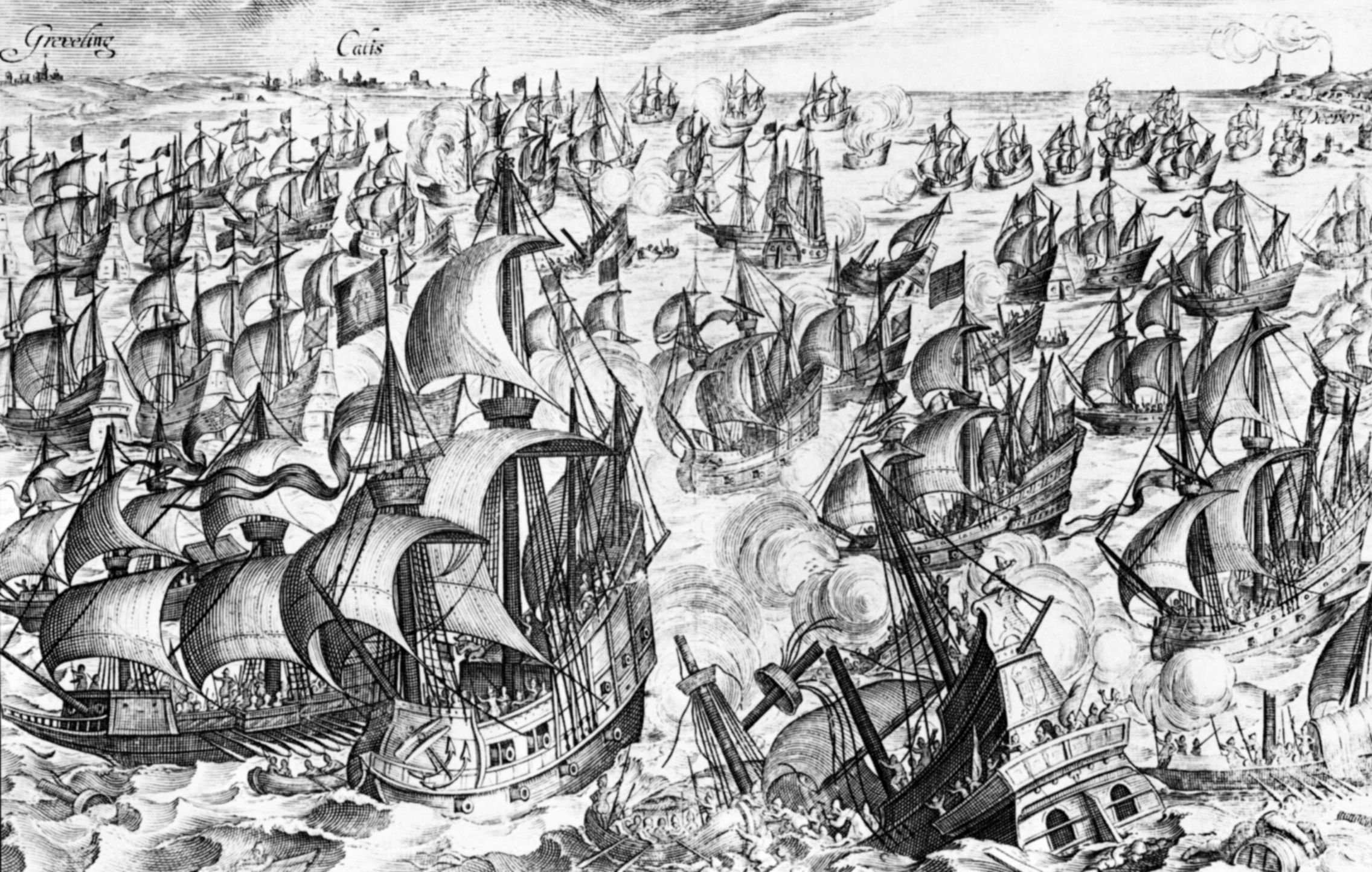 Spanish seamen abandon a sinking galleon off Gravelines at the height of the battle, while other vessels in the Armada flounder and burn under the relentless English onslaught.