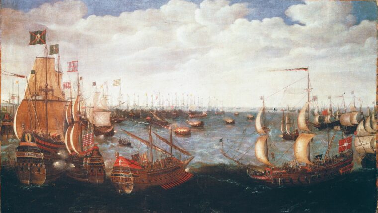 English fireships, stuffed with tarred fagots and red-hot guns, drift into the Spanish Armada, sowing panic and confusion.
