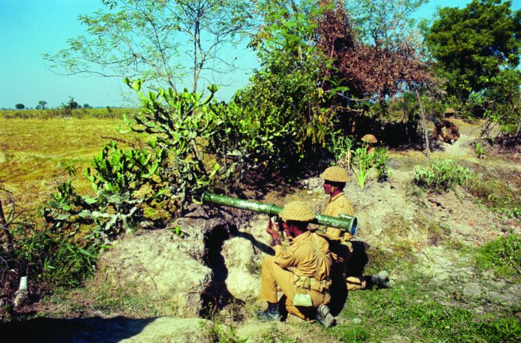 Pakistani defenders at Dangarpara, East Pakistan, man a mortar position 2,000 yards from Indian troops on December 4, 1971.