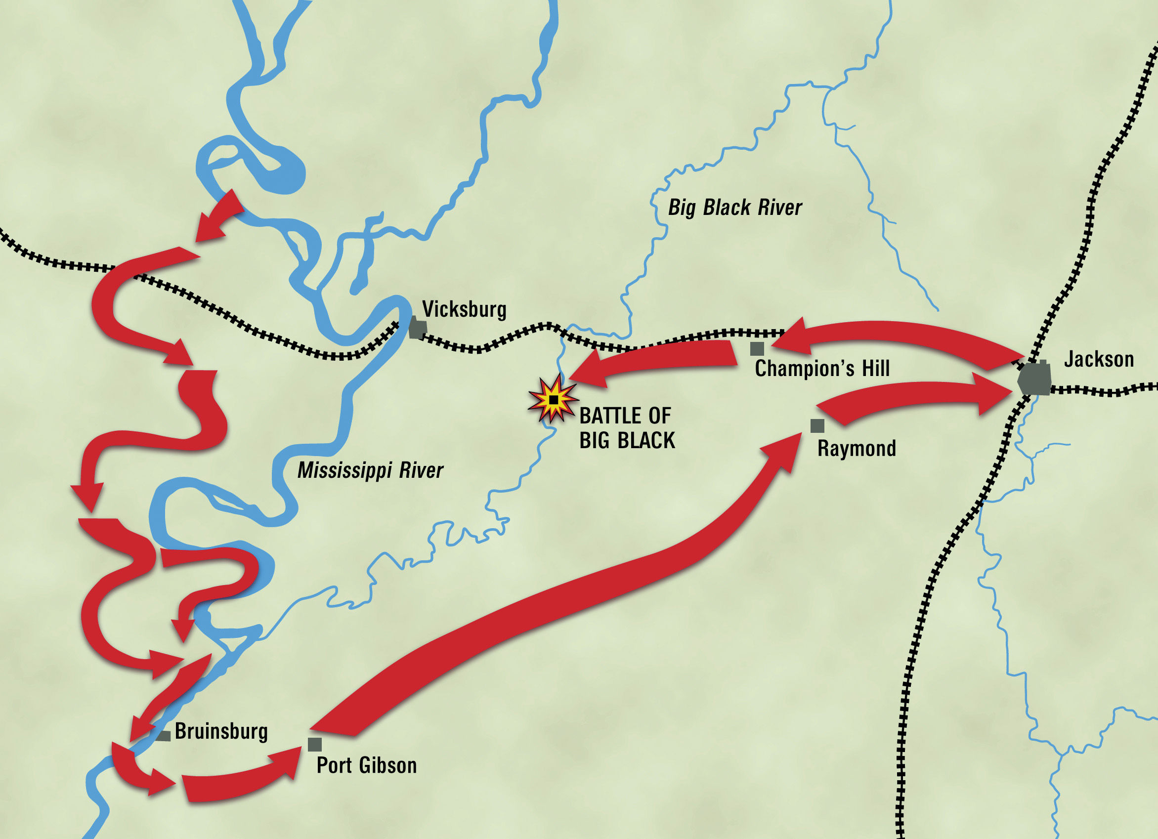 Ulysses S. Grant took his army south of Vicksburg, crossed the Mississippi River, then kept Confederates off balance by hitting them where they were not prepared.  