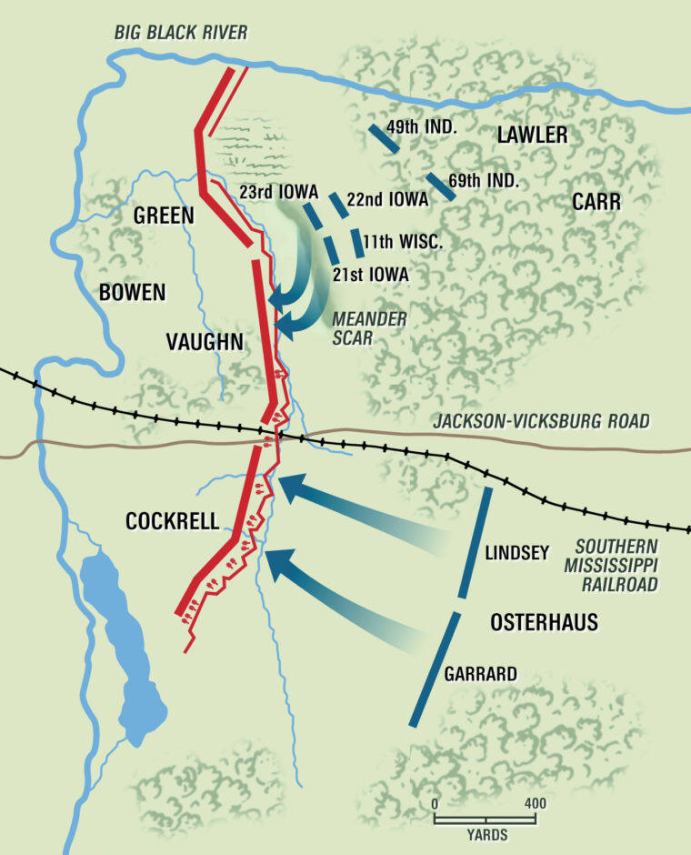 After a failed attempt to crack the Rebel line at its southern end, Brig. Gen. Michael Lawler’s troops succeeded in punching a hole through the center.