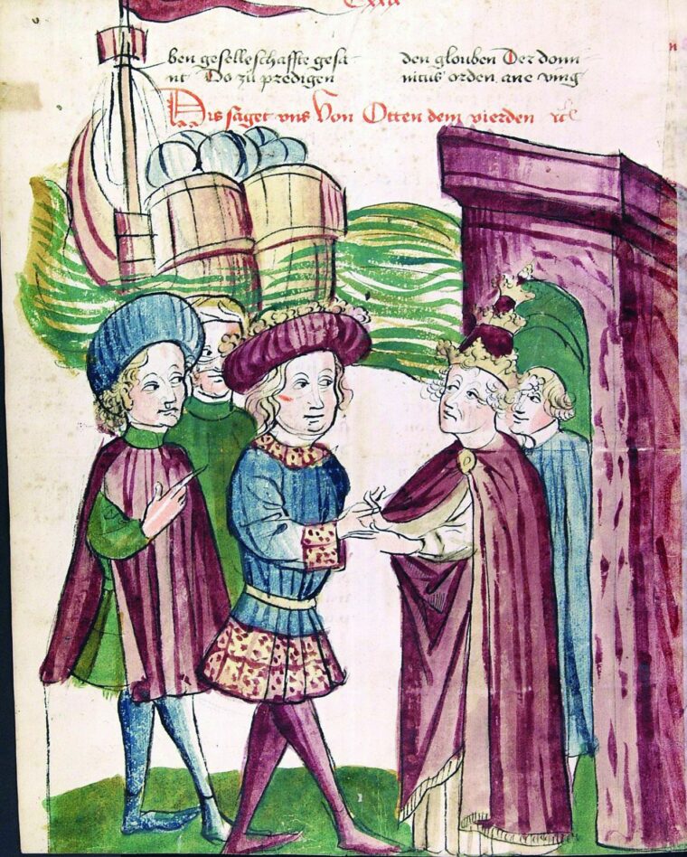 Holy Roman Emperor Otto IV warmly greets Pope Innocent. They shared an enemy in France. 