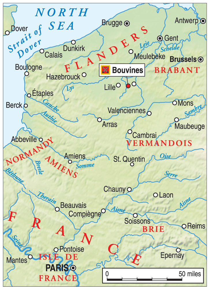 The Battle of Bouvines took place in the northern French province of Picardy, between the towns of Tournai and Lille. An old Roman road helped speed the way.