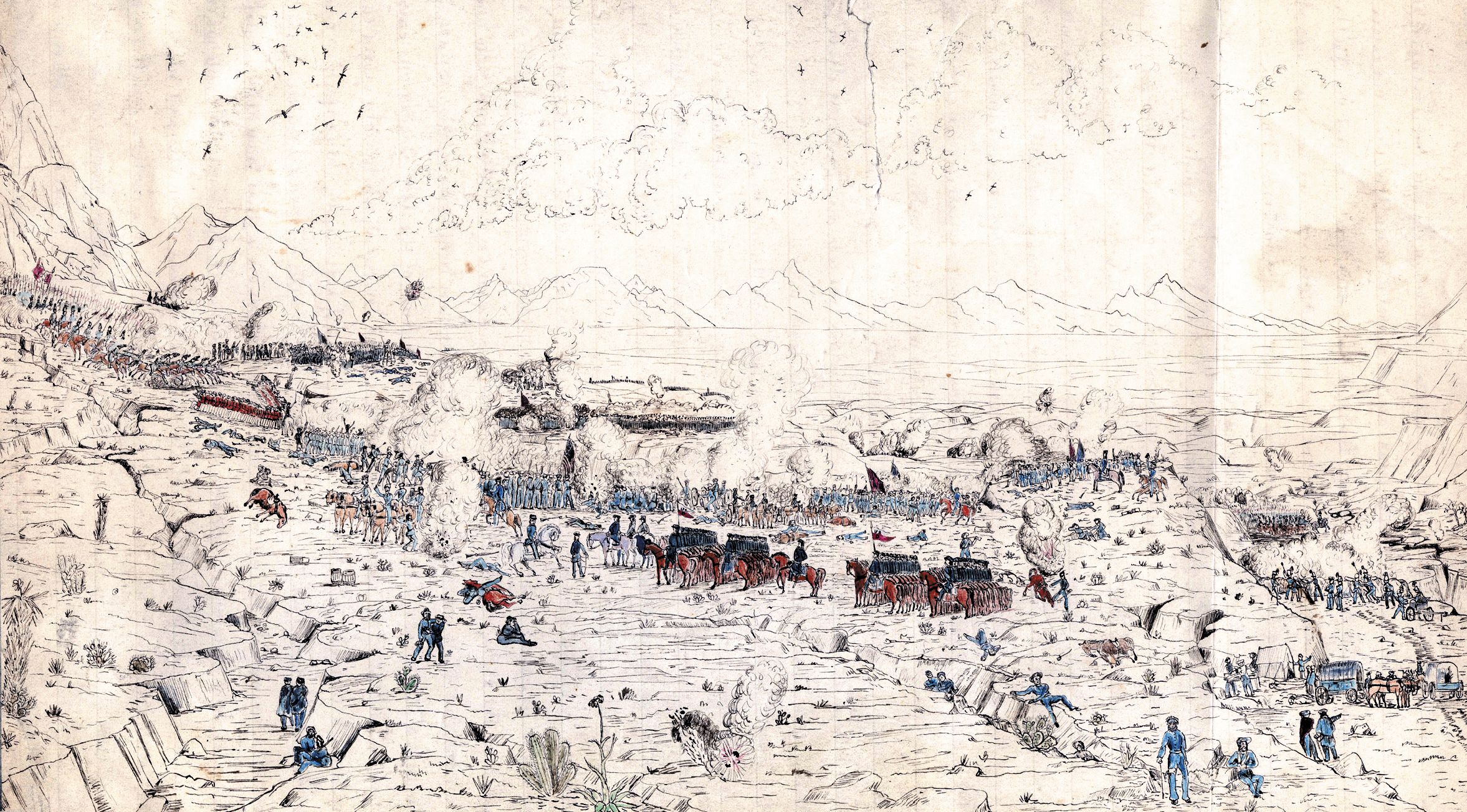 American soldier Sam Chamberlain painted this watercolor of the fighting at Buena Vista. He served under Lieutenant Colonel Charles May during the battle.