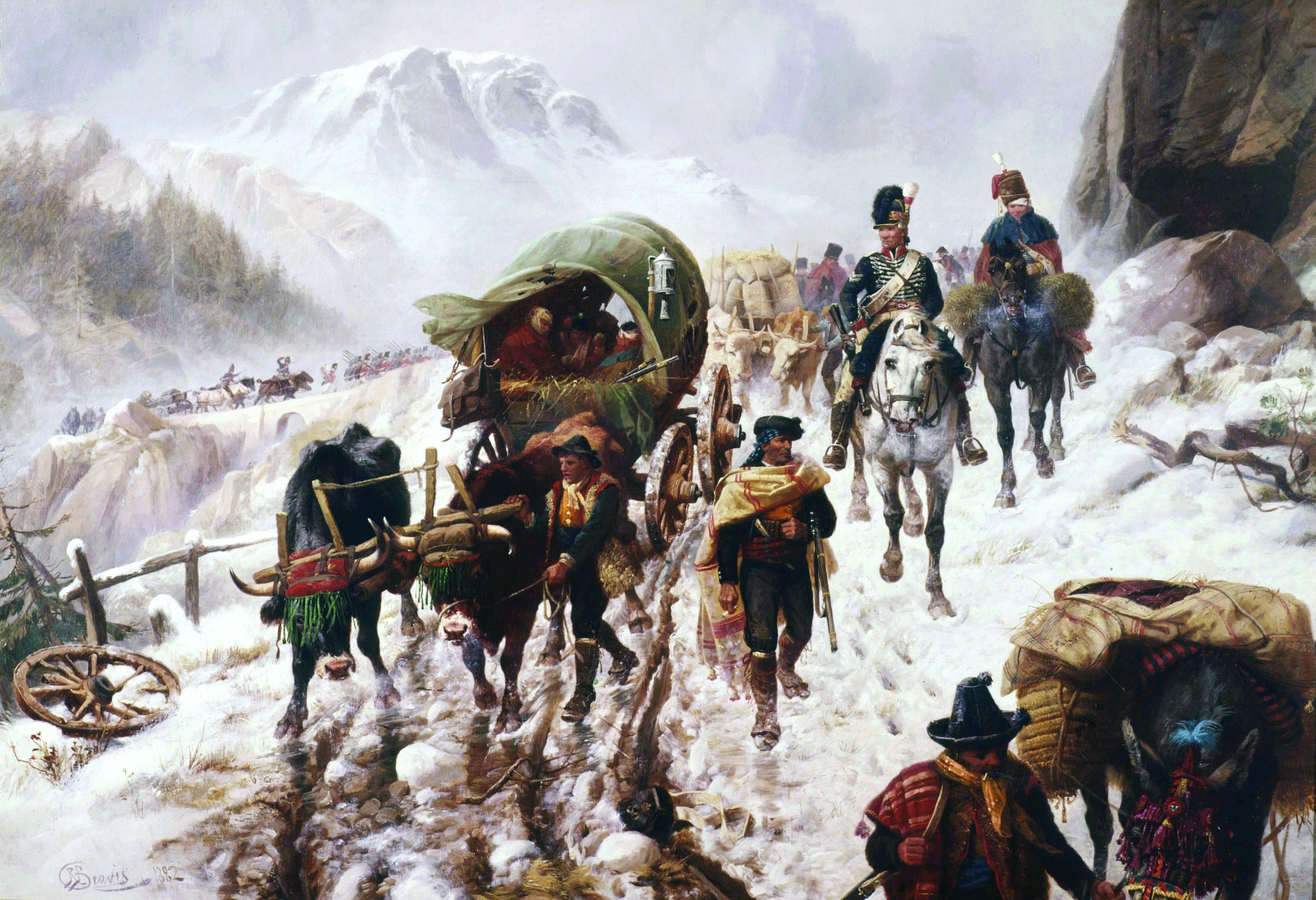 Wracked by wintry weather, demoralized British soldiers trudge the snow in artist Richard Bevis’s painting, Retreat to Corunna.