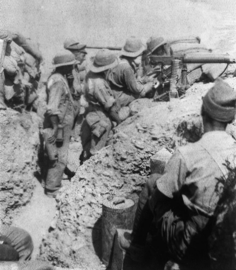 Members of the 9th Australian Light Horse Regiment man a machine-gun post on Turks Point, to the left of Walker’s Ridge. The spot was only 120 yards from the enemy position across the way.