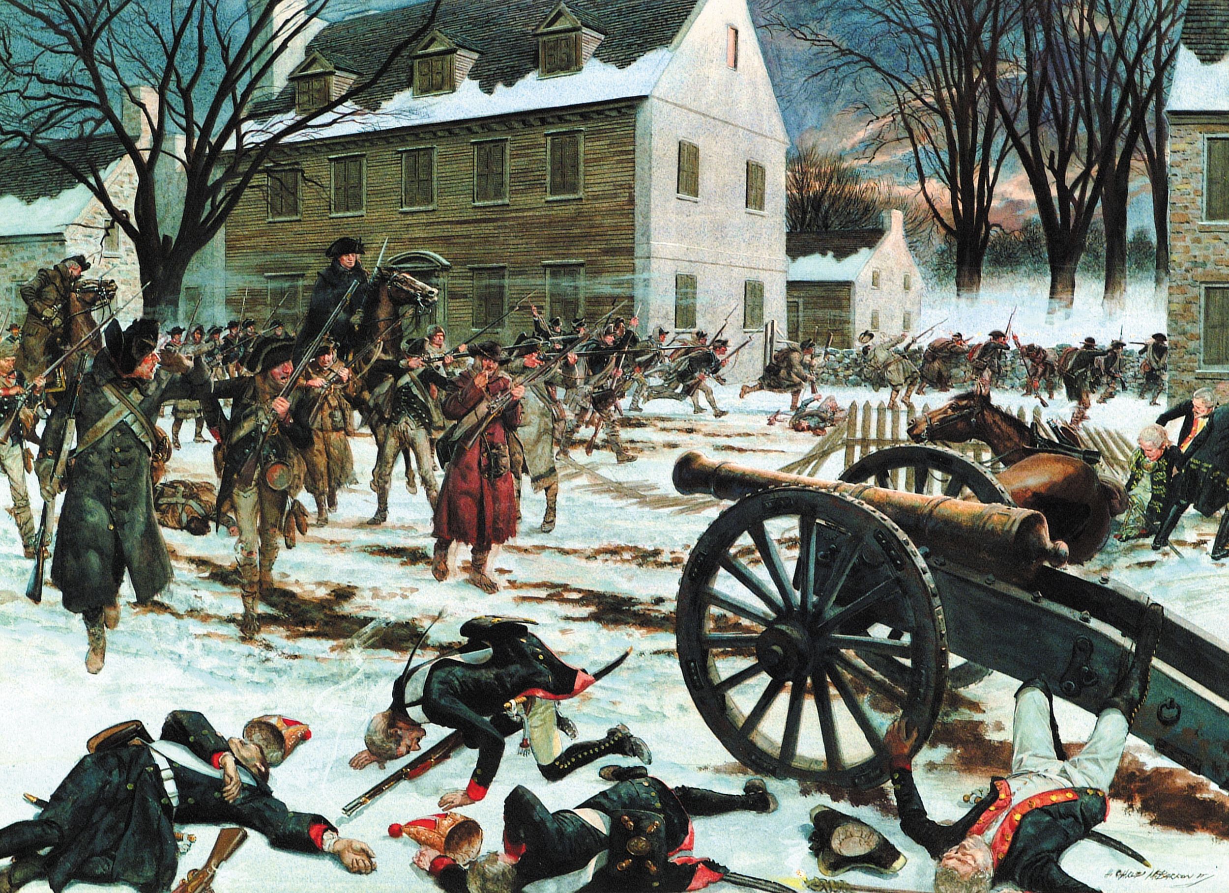 Continental forces overrun the Hessian position at Trenton in a surprise Christmas-night raid in 1776.
