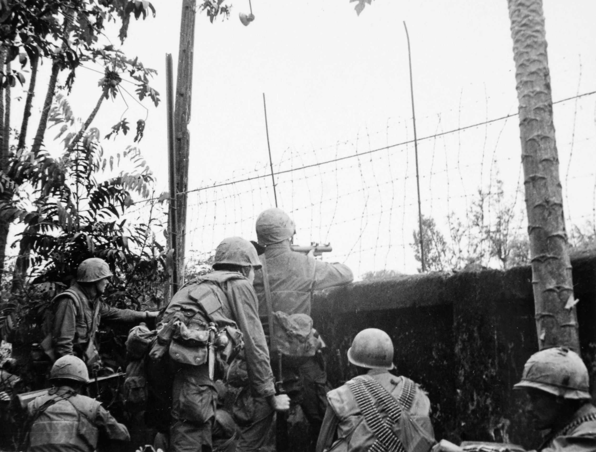 Marines in F Company, 2nd Battalion, 5th Marine Regiment, blast away at enemy forces around the Citadel on February 16, 1968. 