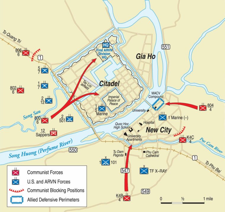 South Vietnamese (ARVN) troops held the Citadel and airfield north of the Perfume River, while Allied forces defended the MACV compound and Hue University south of the river.