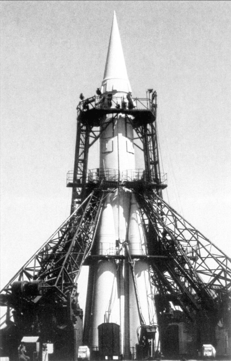 The formidable Soviet R-7/SS-6 ICBM on a launching pad in Kazakhstan.