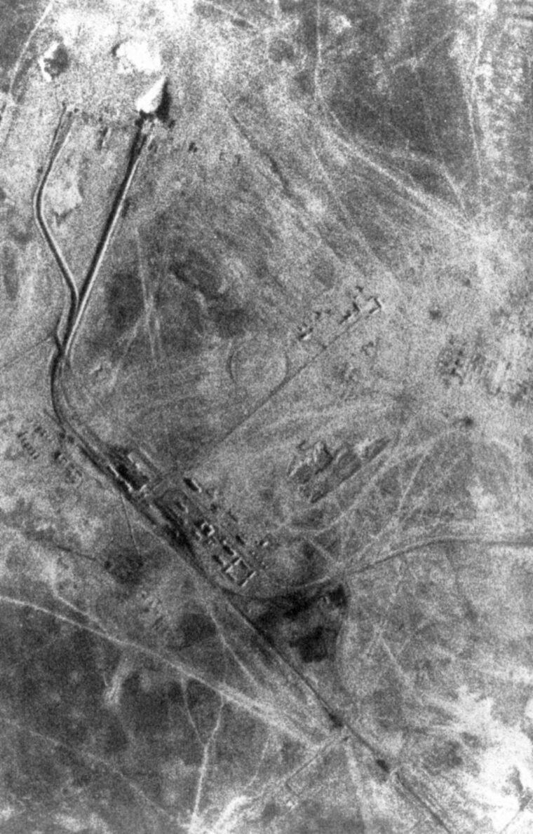 A CORONA satellite image of the same or similar launching site.  Images such as these provided the first solid data on the size of the Soviet long-range missile capabilities.