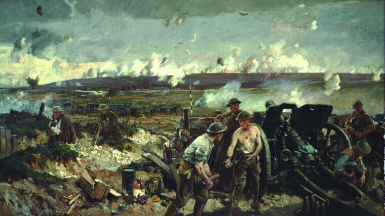 Artillerists load a 4.5-inch howitzer in Richard Jack’s painting, The Battle of Vimy Ridge. Ranging innovations improved their aim.
