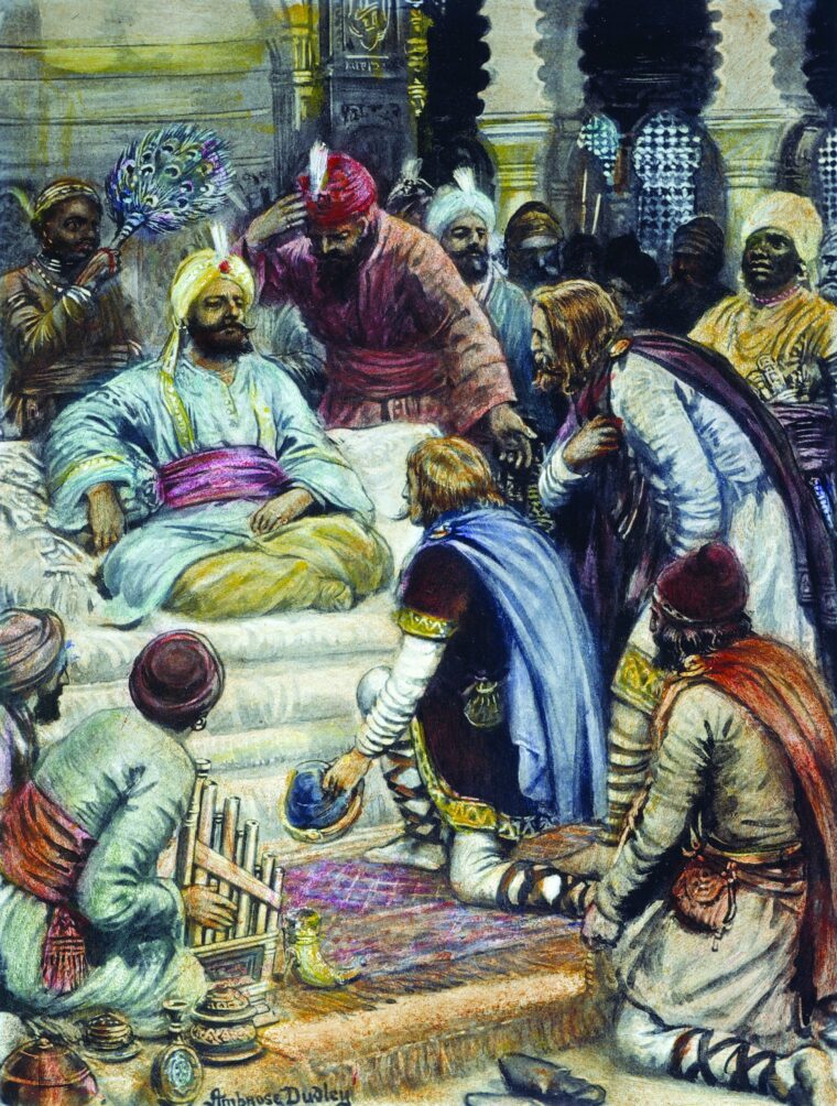 Caliph Harun al-Rashid receives an emissary from Frankish Emperor Charle- magne in Baghdad in this 19th-century illustration by Ambrose Dudley.