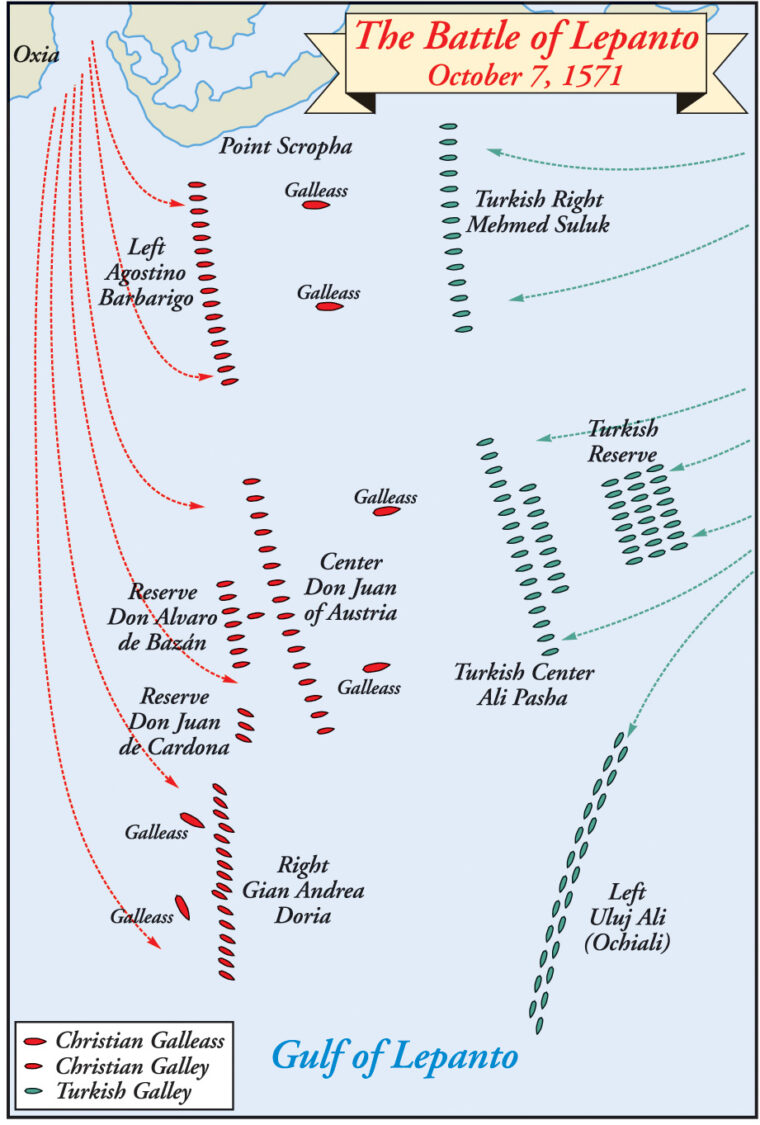 The Christian fleet approached from the left (west) its four galleasses in front of the main forces. Each fleet was divided into three major segments.