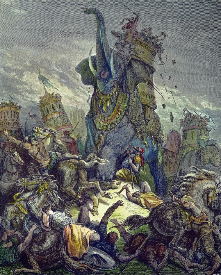 Maccabean troops attack a Syrian caparisoned elephant at the Battle of Beth Zur in 162 bc. Engraving after Gustave Doré.