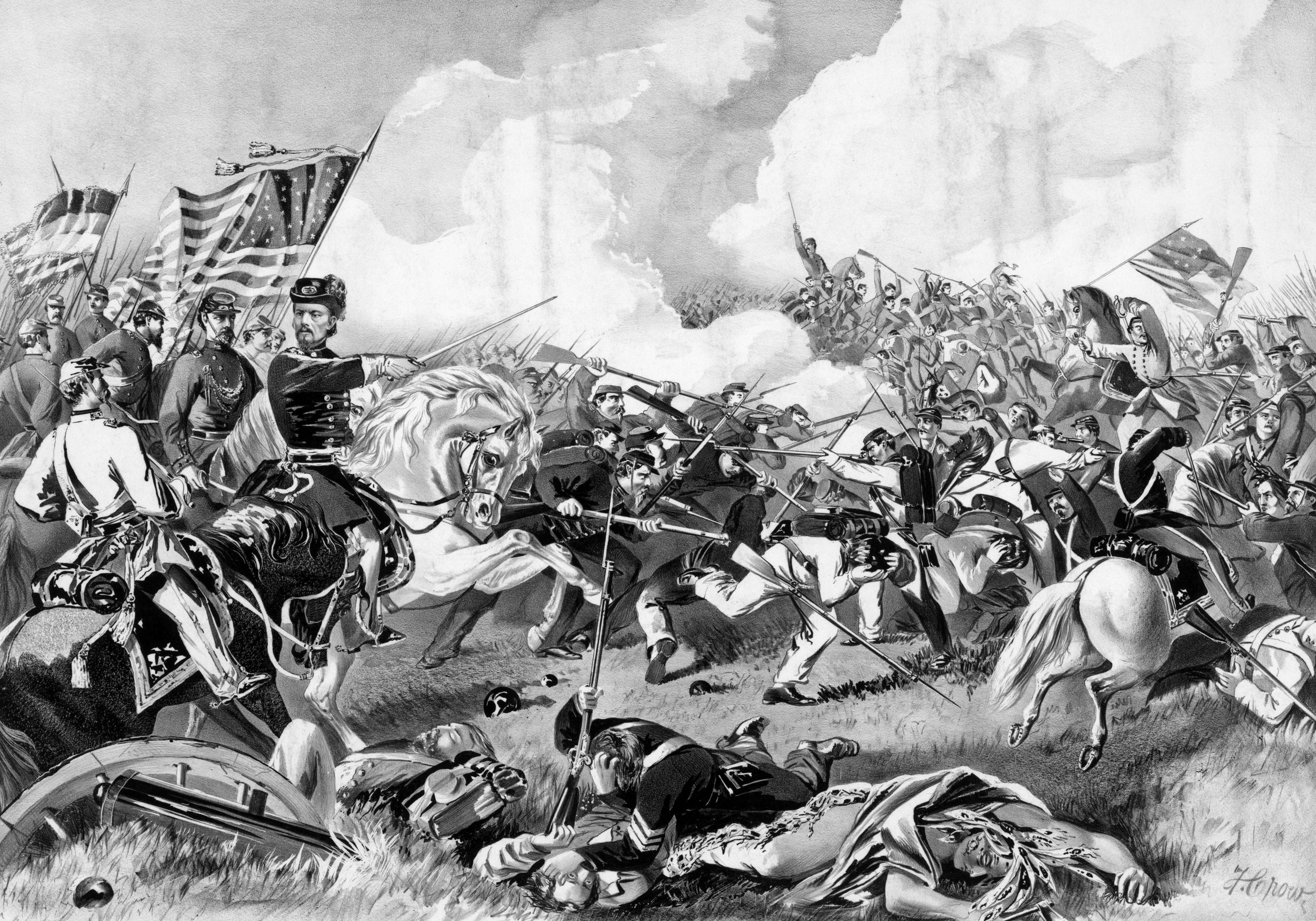 An engraving showing Curtis leading his men against McCulloch.