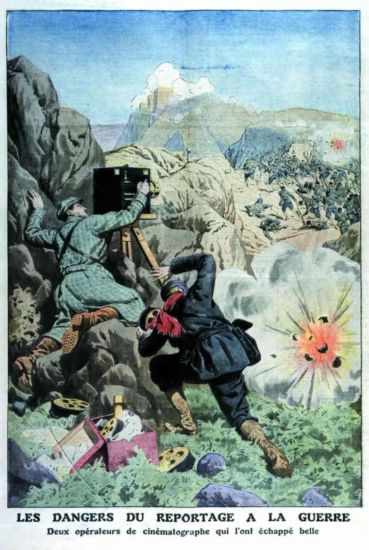 Risk-taking British correspondents dodge exploding shells to film action during the Balkan War in this illustration from Le Petite Journal, Nov. 3, 1912.