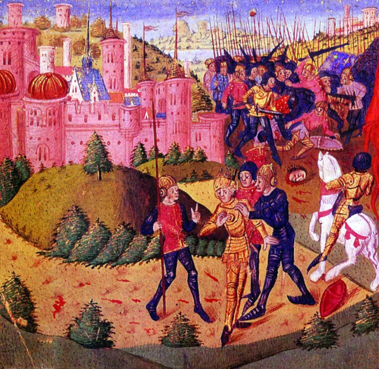 John II is taken prisoner near the famous hawthorn hedge at Poitiers in this 15th-century French miniature.