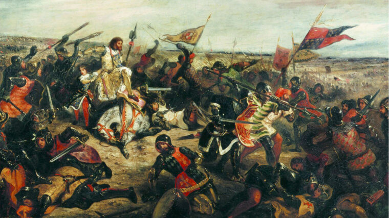 Bare-headed, French King John II leads a swirling melee at the climax of the Battle of Poitiers in this 1830 painting by Eugene Delacroix.