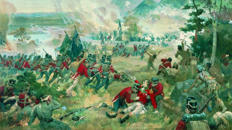 “Push on, brave York volunteers,” urges the dying Major General Isaac Brock, in this 1896 painting by John David Kelly.