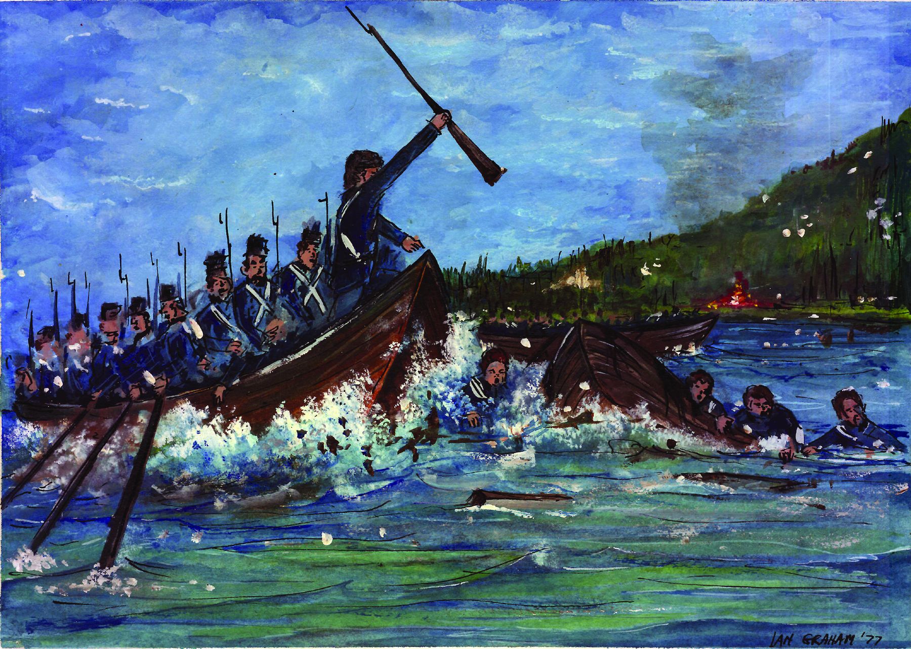 American troops cross the Niagara River under heavy enemy cannon fire. Painting by Ian Graham. 